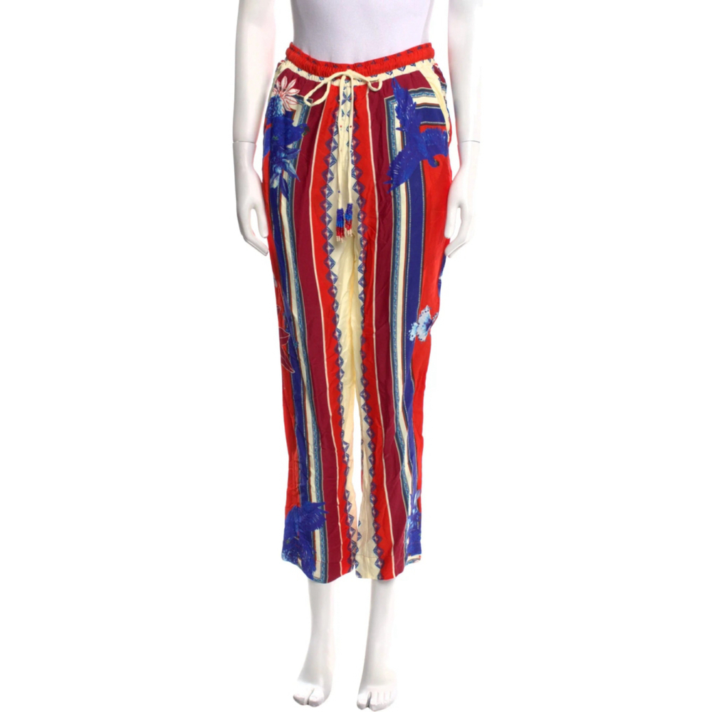 Farm Rio Macaw Scarf Print Pants Size Small Red White Blue Resort Vacation Wear